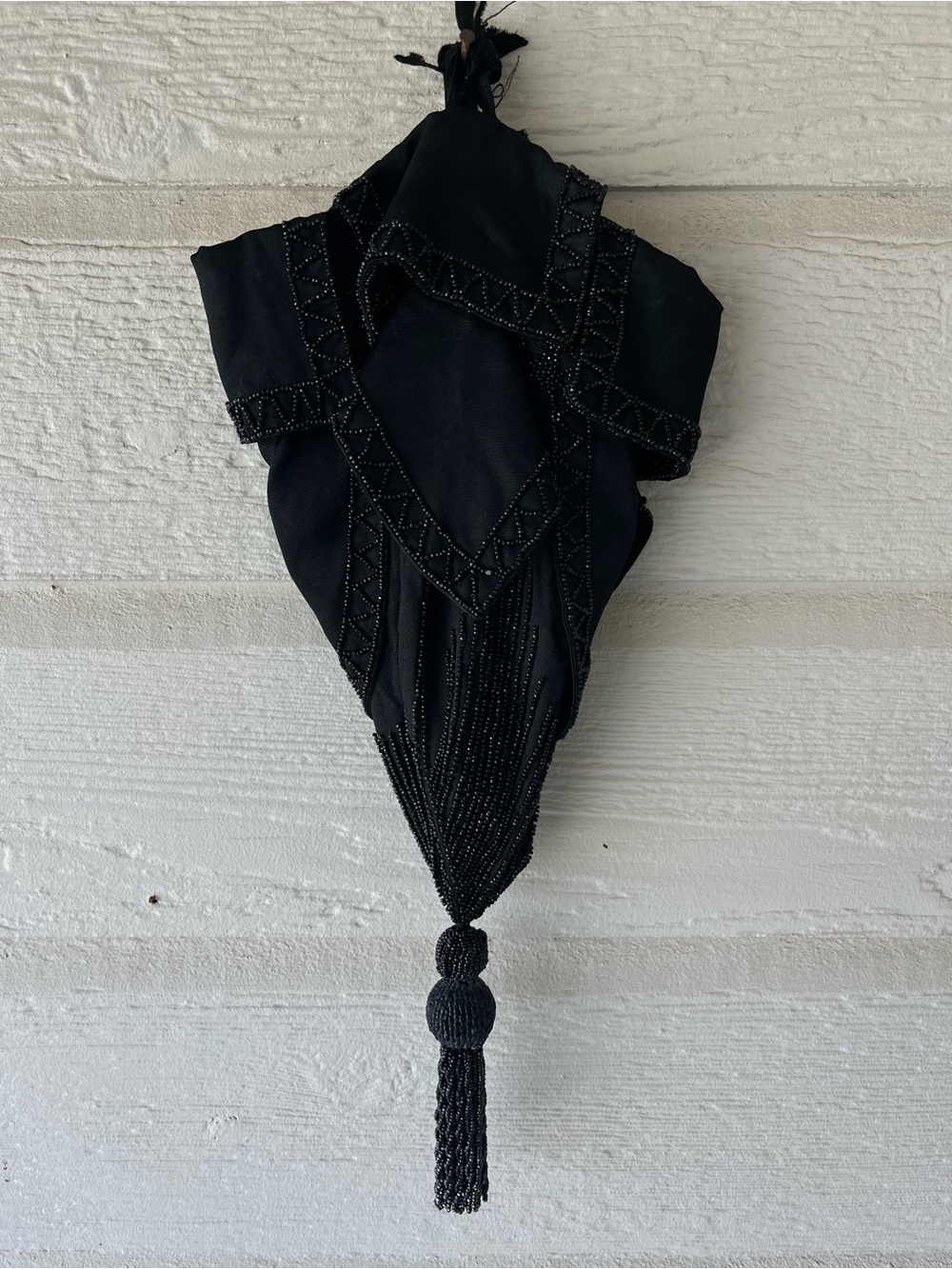Vintage 1920s Black Beaded Drawstring Reticule Purse Tassel Evening Bag Taffeta - Picture 12 of 14